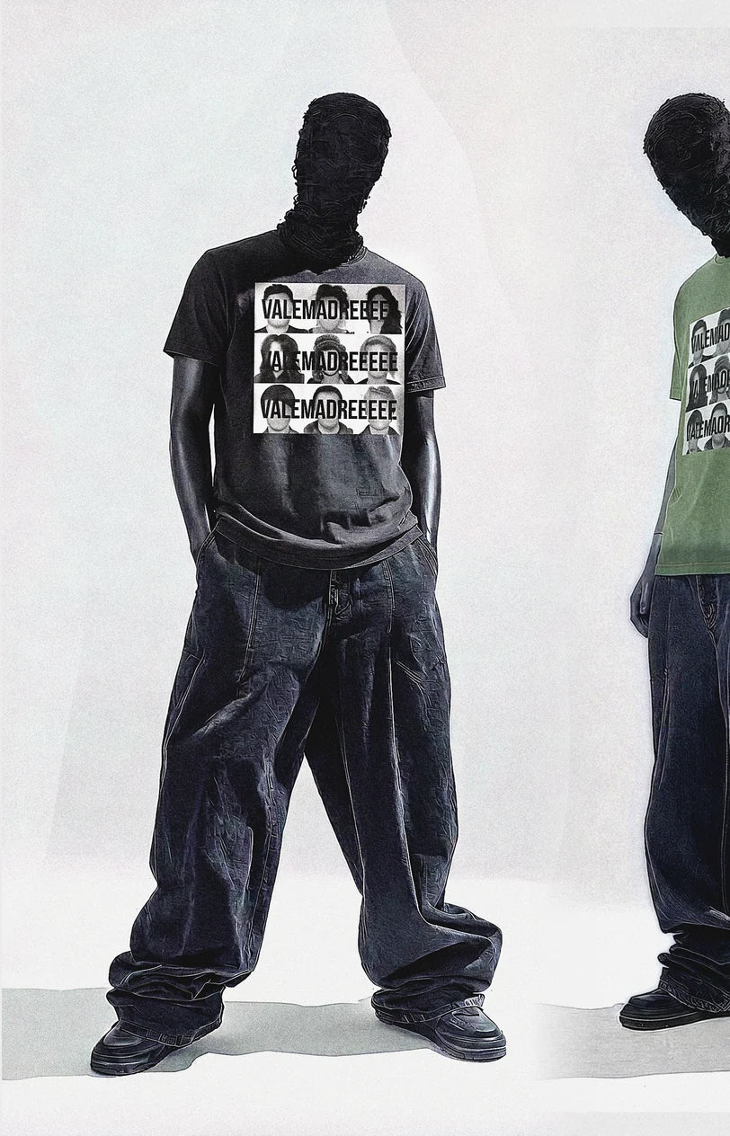 Masked figure in VALEMADRE drop 001, front, dark tee