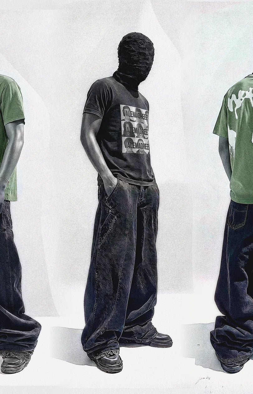 Masked figure in VALEMADRE drop 001, side profile