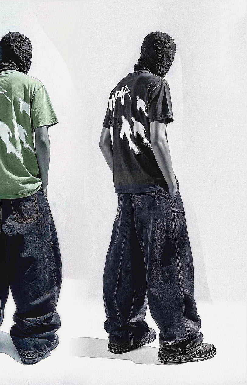 Masked figure in VALEMADRE drop 001, back, dark tee